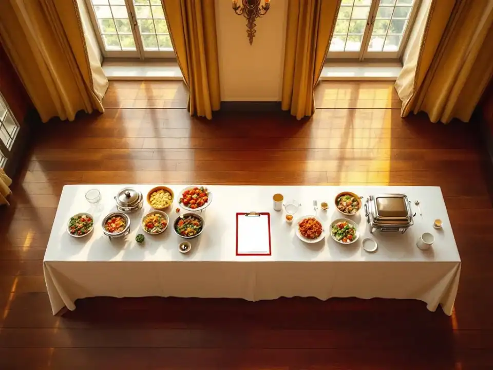 Elegante evenementenhal met professionele catering en zelfgemaakte gerechten op houten tafel, contract ertussen