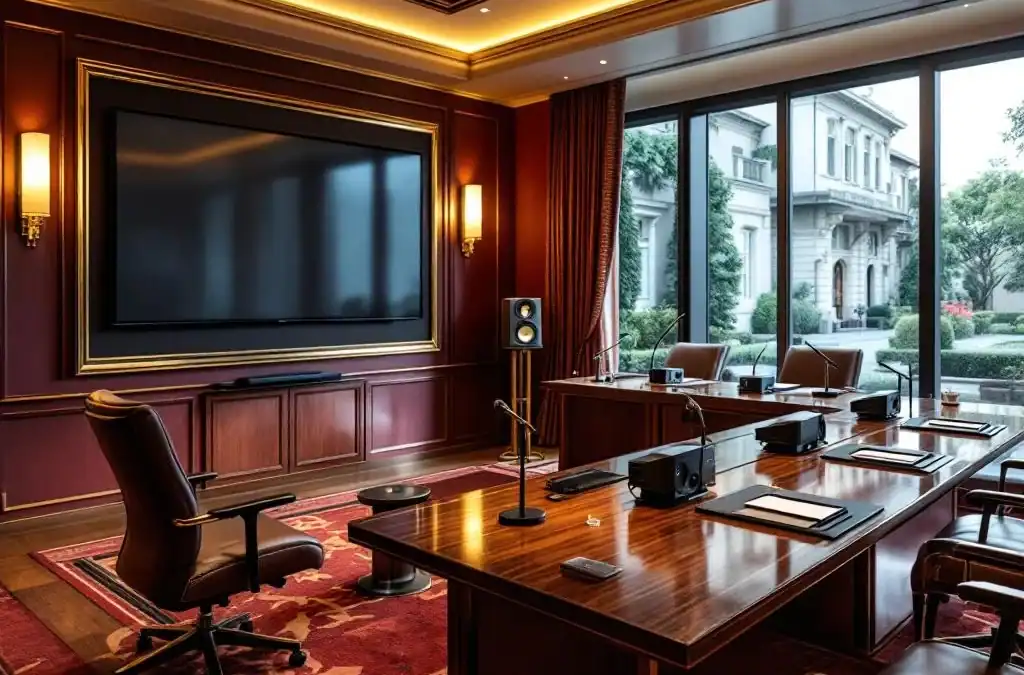 Moderne vergaderruimte met AV-apparatuur, flatscreens en microfoons in luxe hotelomgeving met tuinzicht