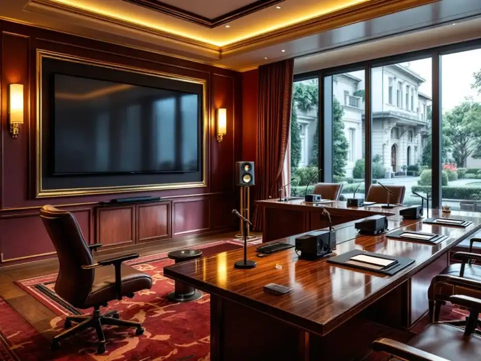 Moderne vergaderruimte met AV-apparatuur, flatscreens en microfoons in luxe hotelomgeving met tuinzicht