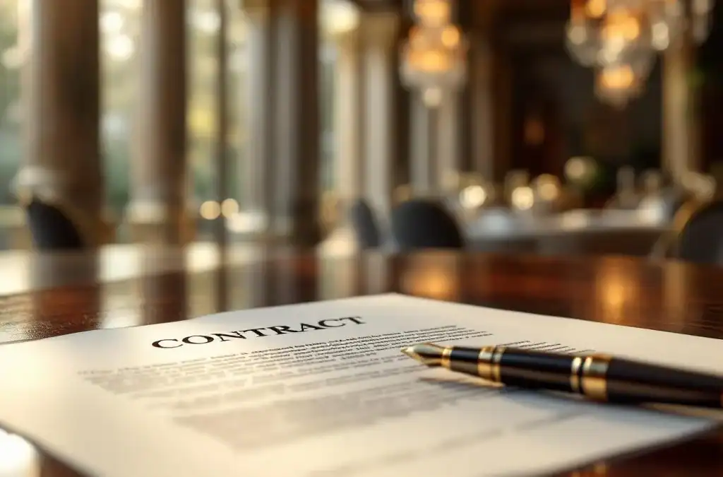 Elegant contract document met luxe vulpen op mahonie bureau in premium evenementenlocatie met kristallen kroonluchters