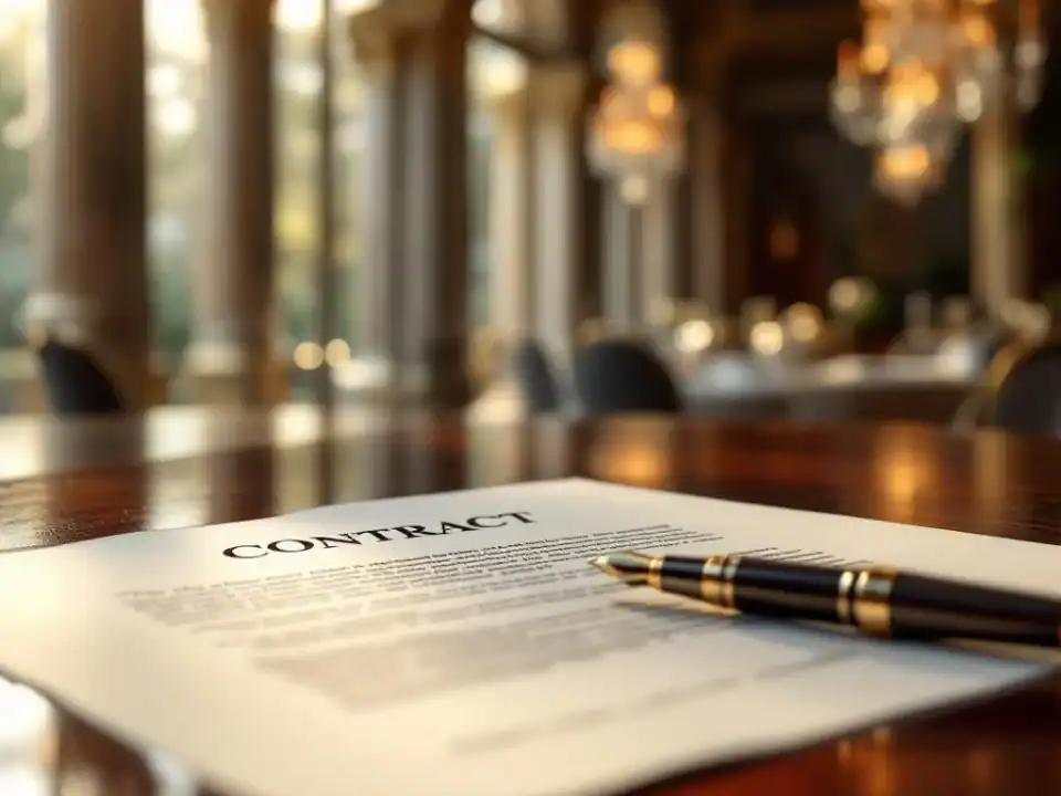 Elegant contract document met luxe vulpen op mahonie bureau in premium evenementenlocatie met kristallen kroonluchters
