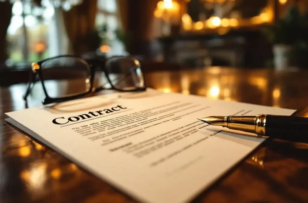 Contract document met luxe vulpen en leesbril op houten tafel in elegant interieur met warme verlichting