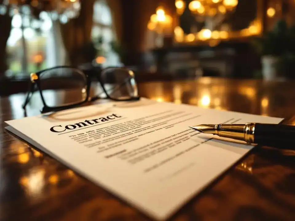 Contract document met luxe vulpen en leesbril op houten tafel in elegant interieur met warme verlichting