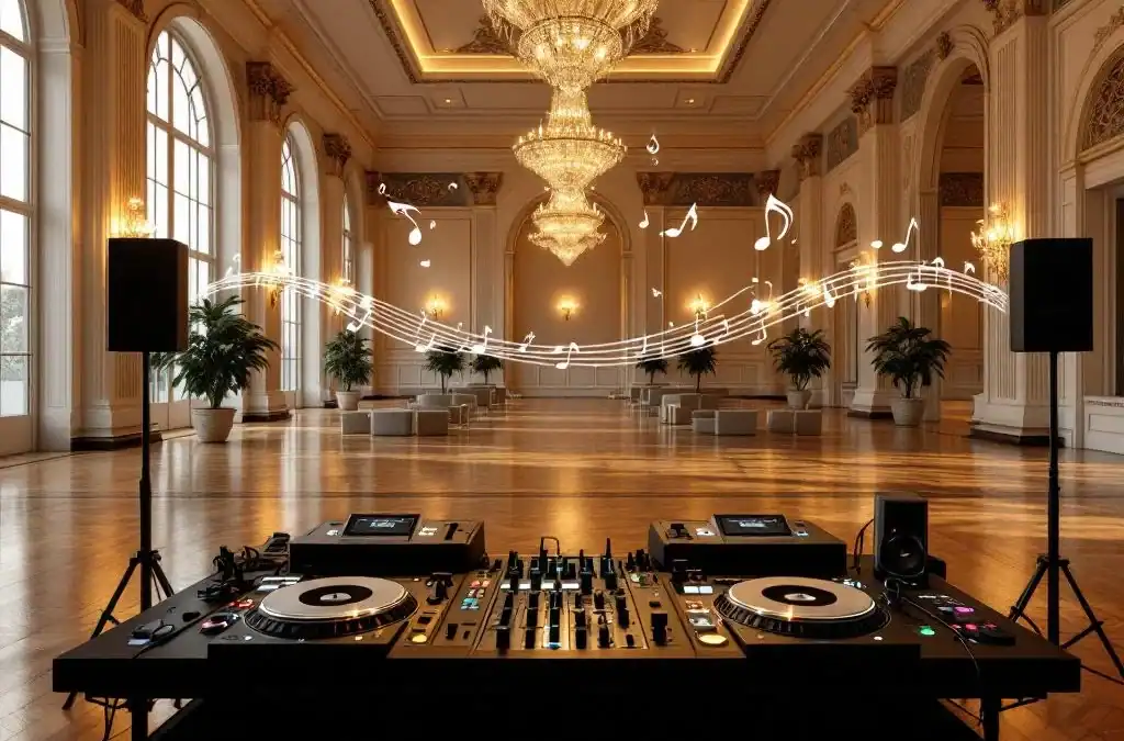 Professionele DJ-opstelling met draaitafels en mengpaneel in elegante evenementenhal met kristallen kroonluchters