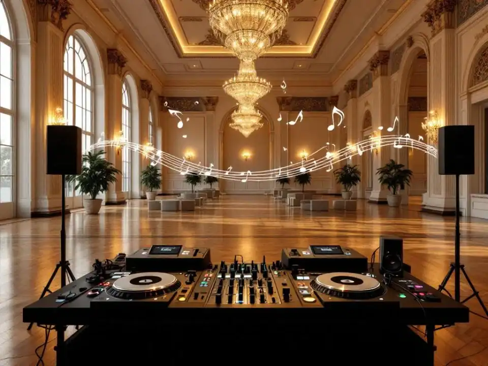 Professionele DJ-opstelling met draaitafels en mengpaneel in elegante evenementenhal met kristallen kroonluchters