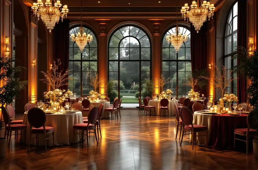 Elegante evenementenhal met kristallen kroonluchters, ronde tafels en gouden accenten voor afscheidsfeest
