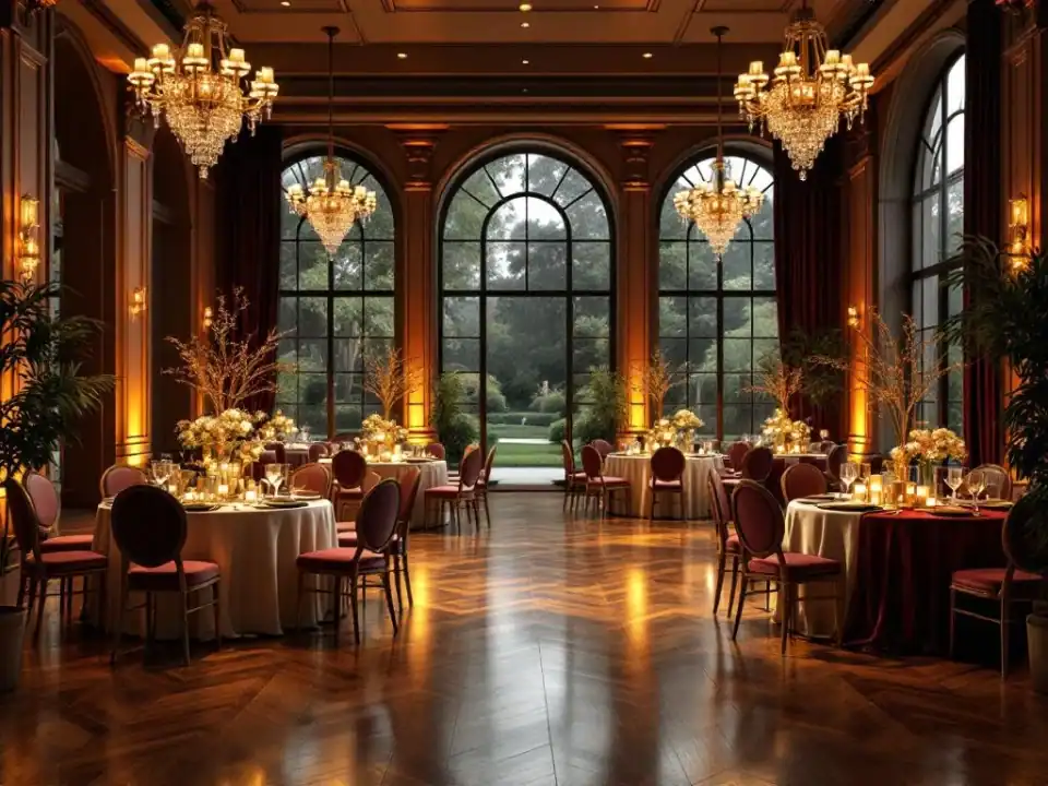 Elegante evenementenhal met kristallen kroonluchters, ronde tafels en gouden accenten voor afscheidsfeest