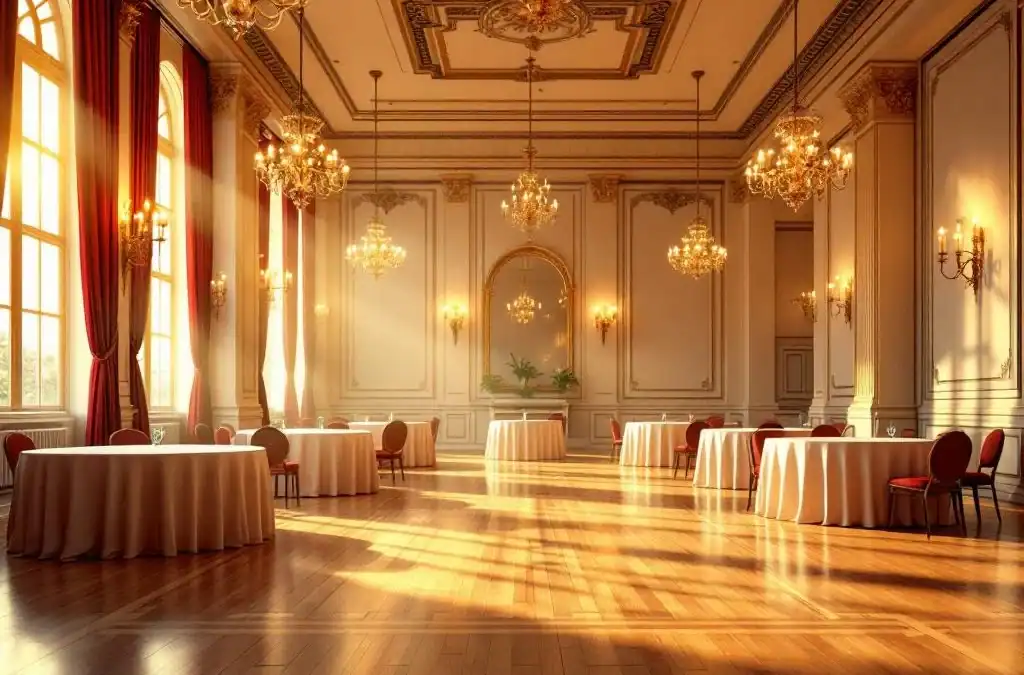Elegante lege evenementenhal met gouden verlichting, ronde tafels met wit linnen, kroonluchters en hardhouten vloeren