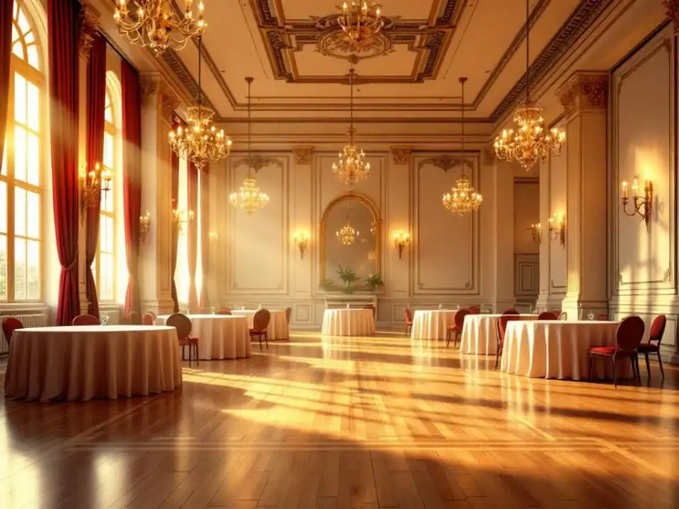 Elegante lege evenementenhal met gouden verlichting, ronde tafels met wit linnen, kroonluchters en hardhouten vloeren