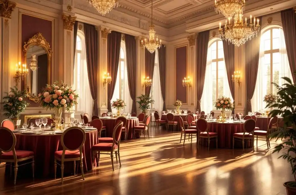 Elegante evenementenhal met kristallen kroonluchters, bourgondisch decor en ronde tafels klaar voor feesten