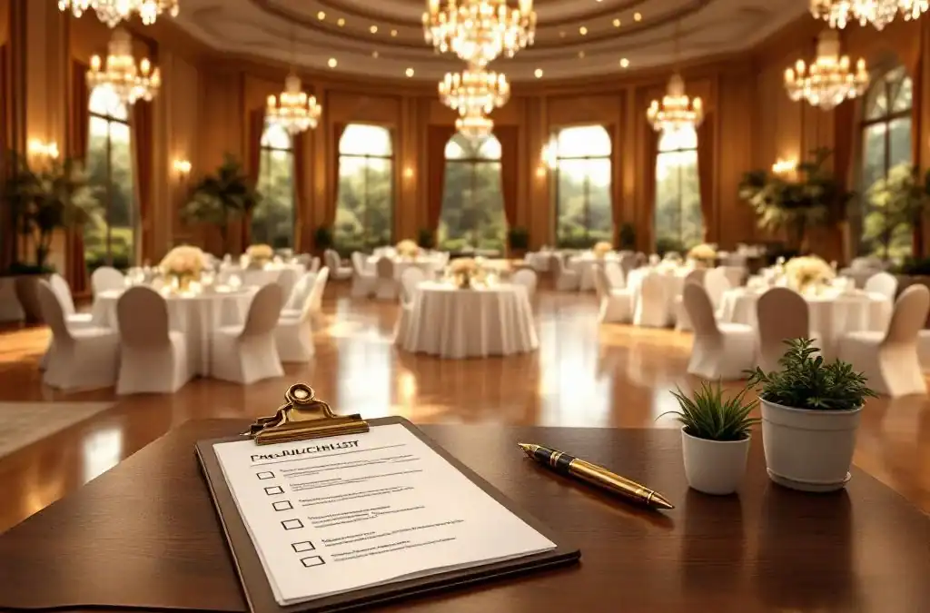 Elegante evenementenhal met kristallen kroonluchters, gedekte tafels en professionele checklist op mahonie bureau