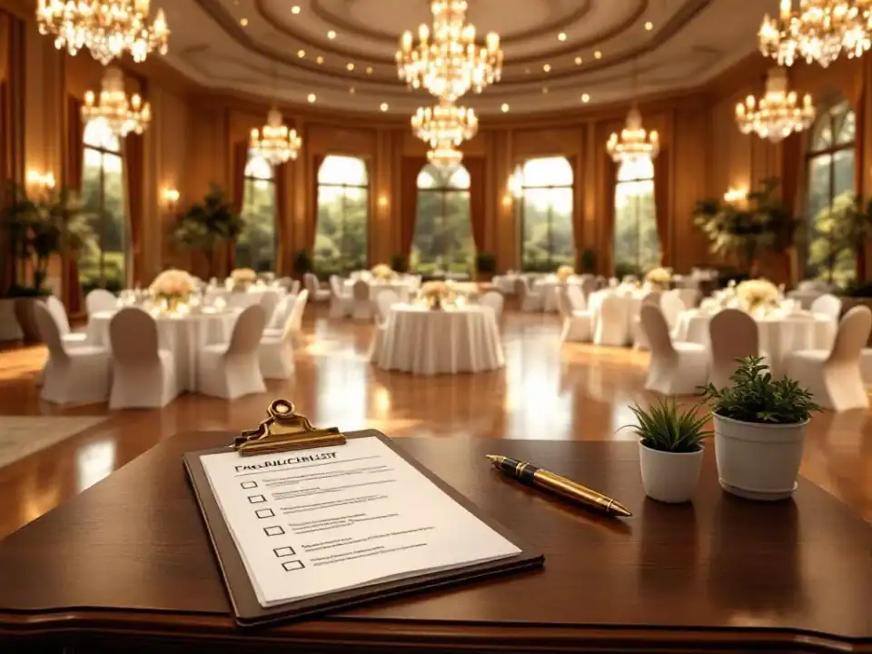 Elegante evenementenhal met kristallen kroonluchters, gedekte tafels en professionele checklist op mahonie bureau