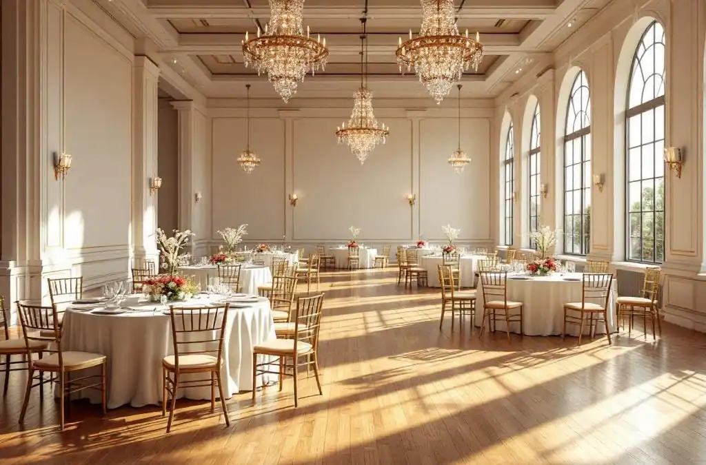 Elegante evenementenhal met ronde tafels, gouden stoelen en kristallen kroonluchters tijdens opbouw van feest