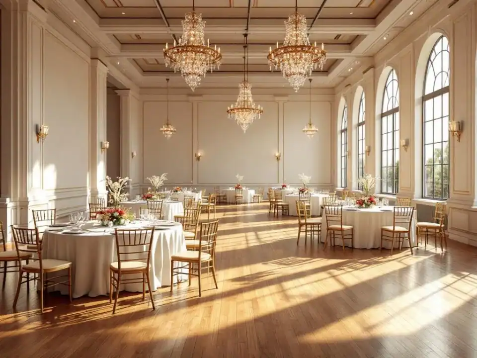 Elegante evenementenhal met ronde tafels, gouden stoelen en kristallen kroonluchters tijdens opbouw van feest