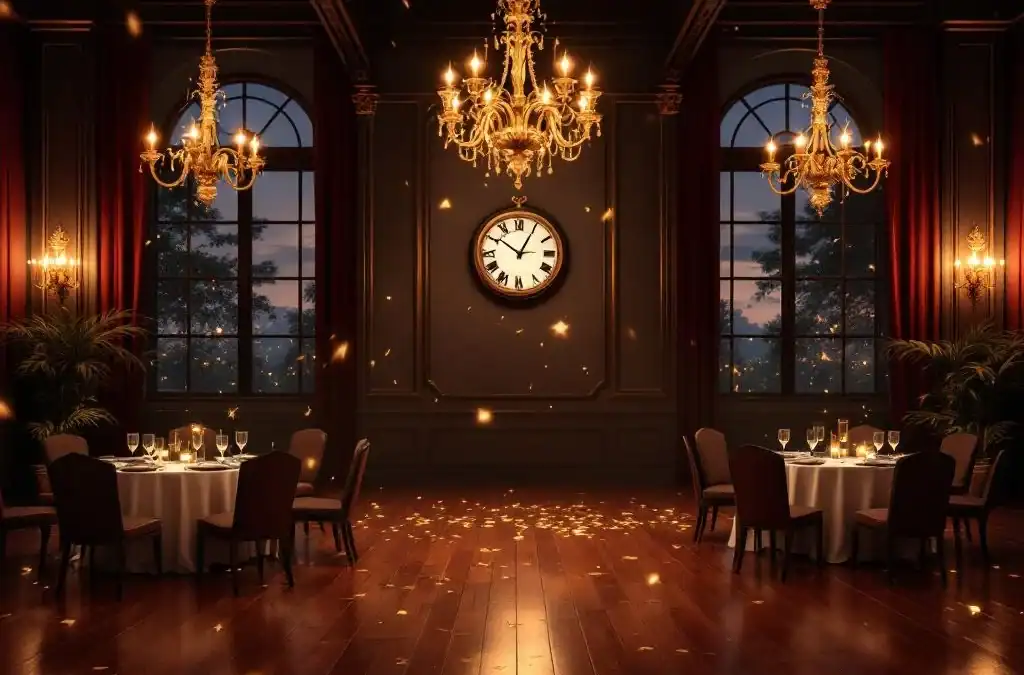 Elegante evenementenhal met kristallen kroonluchters, gedekte tafels en confetti na feest om 23:00 uur