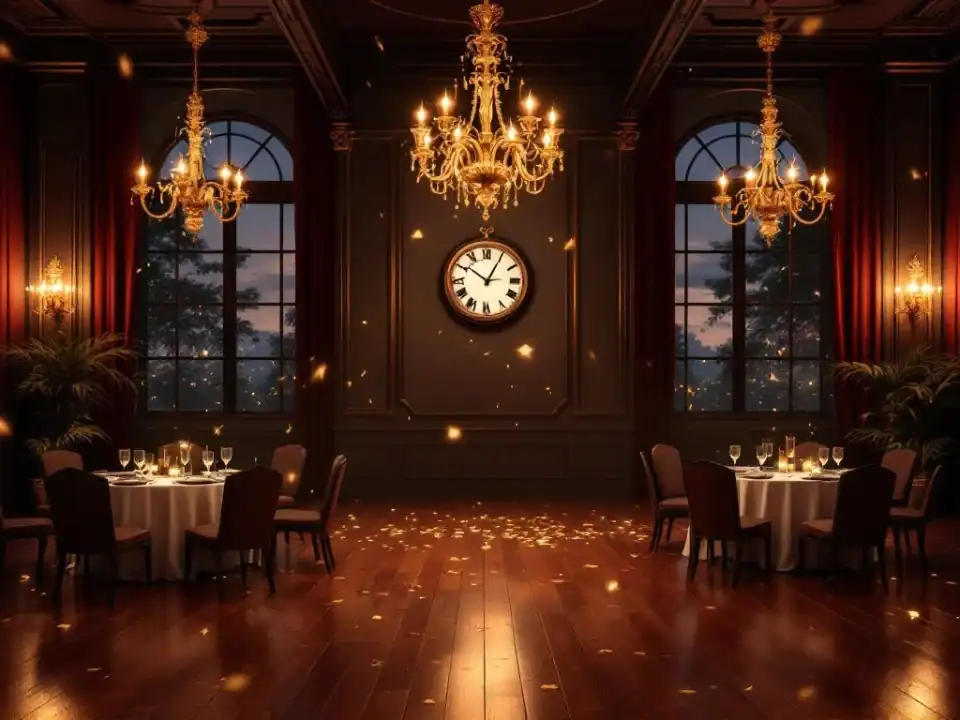 Elegante evenementenhal met kristallen kroonluchters, gedekte tafels en confetti na feest om 23:00 uur