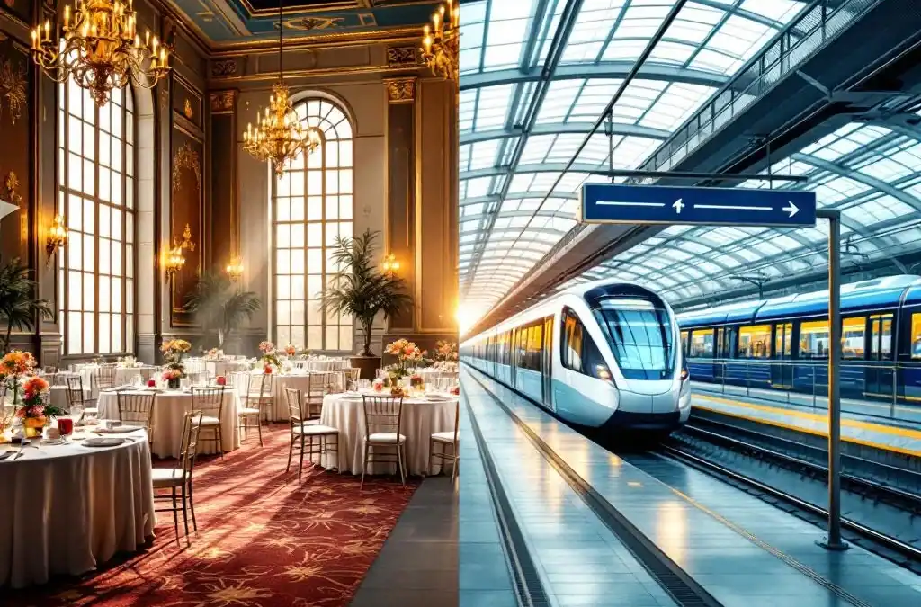 Luxe evenementenhal met kroonluchters en ronde tafels verbonden met modern openbaar vervoersknooppunt via toegankelijke brug