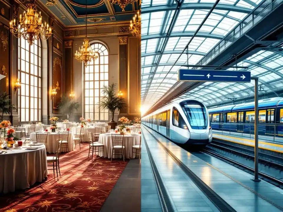 Luxe evenementenhal met kroonluchters en ronde tafels verbonden met modern openbaar vervoersknooppunt via toegankelijke brug
