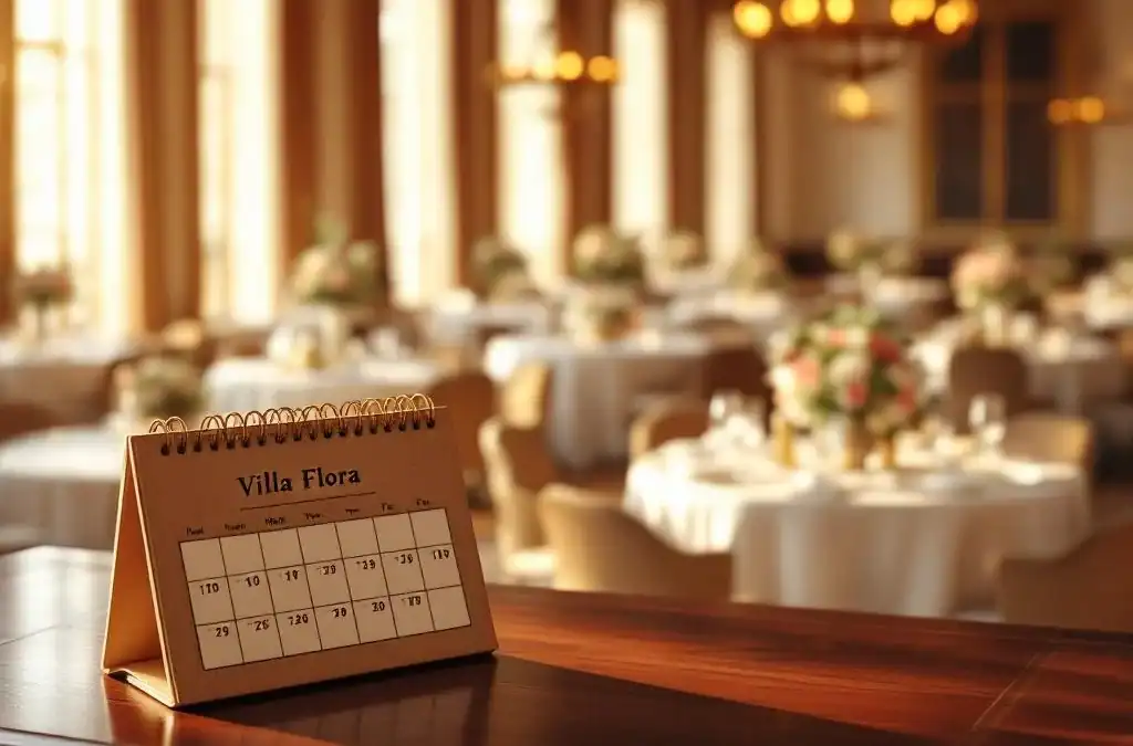 Luchtfoto van elegante evenementenhal Villa Flora met ronde tafels, witte linnen en bloemstukken in warme gouden verlichting
