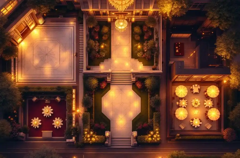 Luchtfoto van drie elegante evenementenlocaties: balzaal met kristallen kroonluchters, tuinpaviljoen en moderne conferentieruimte