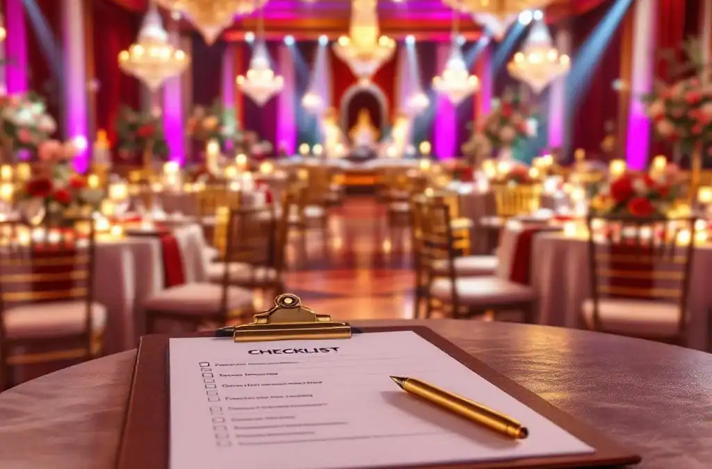 Evenementenplanning checklist met gouden pen op clipboard voor luxe feestzaal met ronde tafels en kristallen kroonluchters