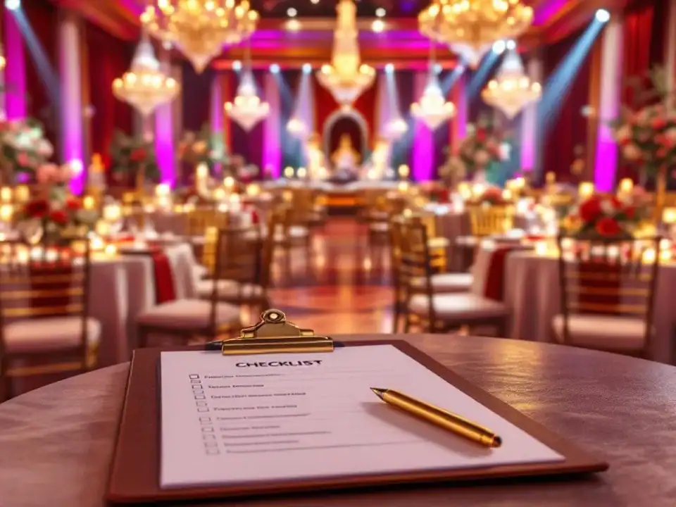 Evenementenplanning checklist met gouden pen op clipboard voor luxe feestzaal met ronde tafels en kristallen kroonluchters