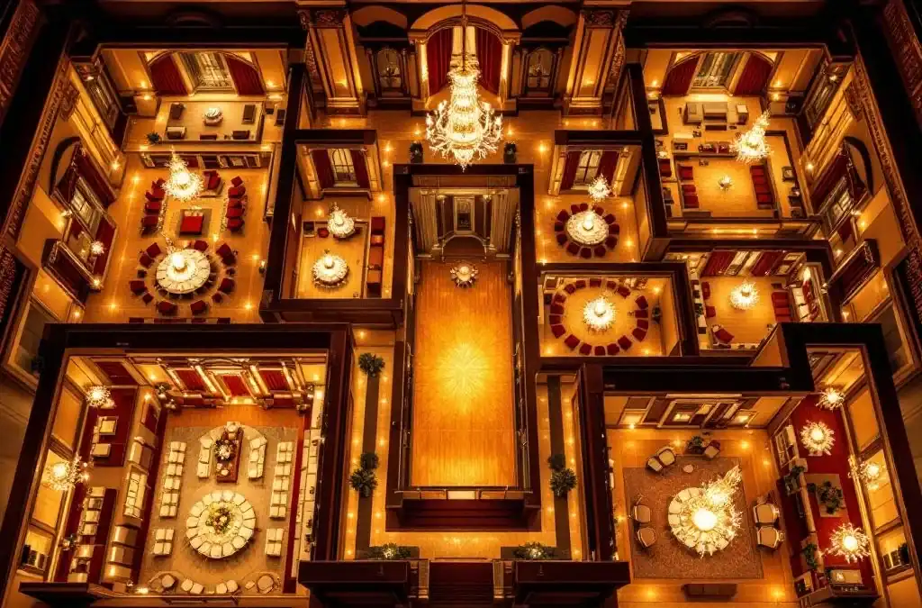 Luchtfoto van elegante evenementenlocaties met verschillende zaalgroottes, gouden verlichting en luxe interieur