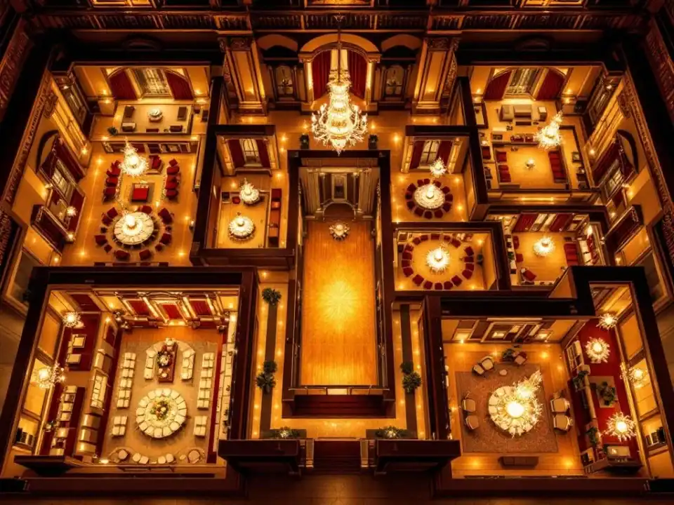 Luchtfoto van elegante evenementenlocaties met verschillende zaalgroottes, gouden verlichting en luxe interieur