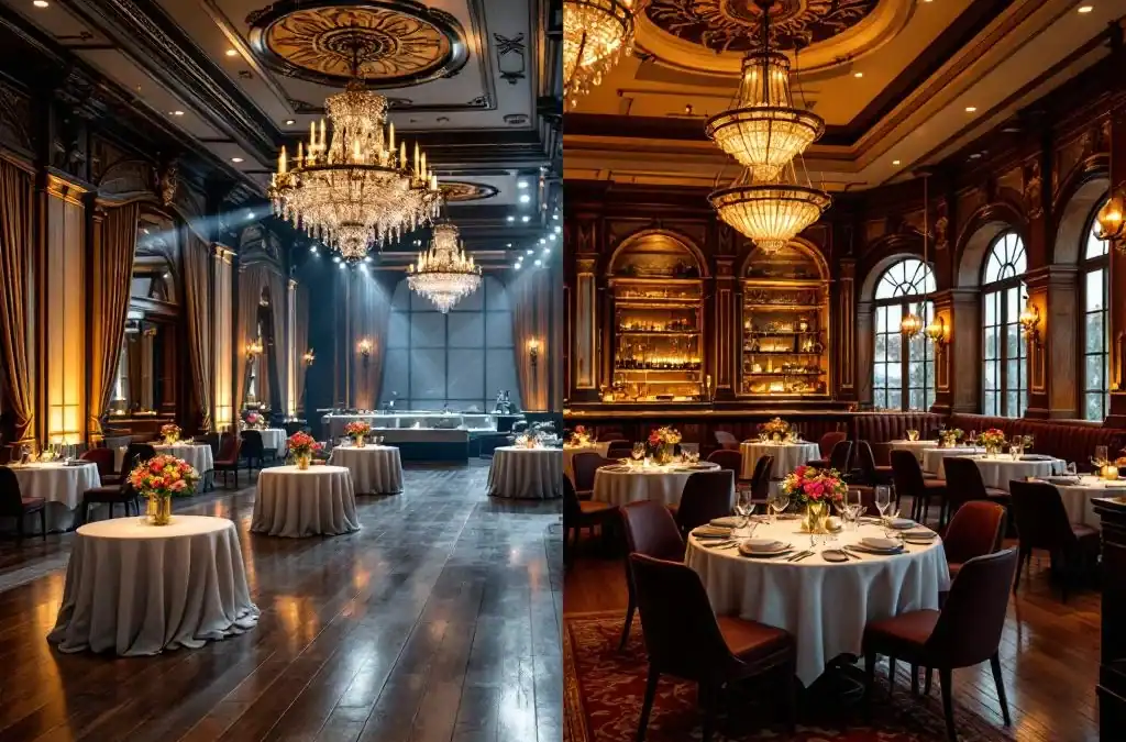 Lege evenementenhal met kristallen kroonluchters naast druk restaurant met gedekte tafels, vergelijking van venue opties