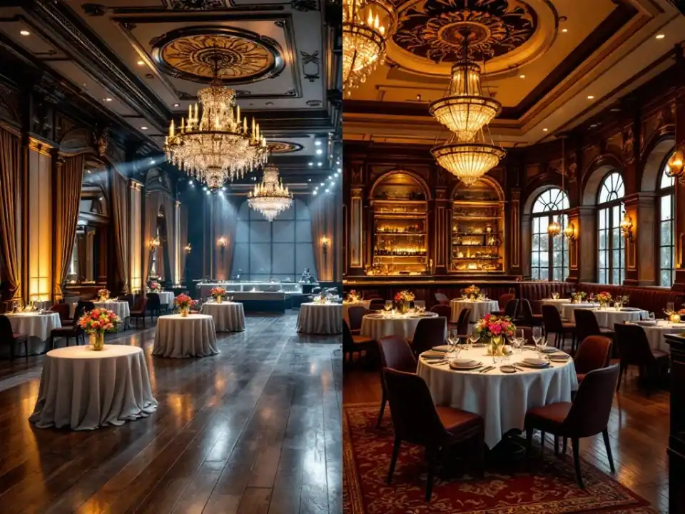 Lege evenementenhal met kristallen kroonluchters naast druk restaurant met gedekte tafels, vergelijking van venue opties
