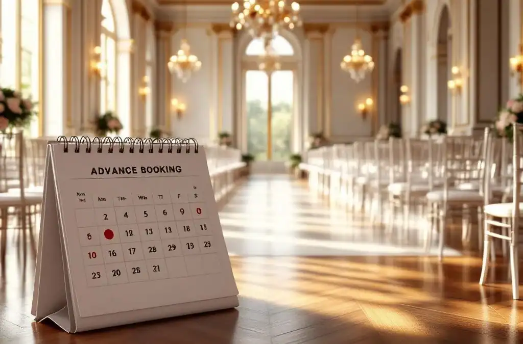 Elegante evenementenhal met witte stoelen voor ceremonie en open agenda met omcirkelde datums voor vooruitboeken