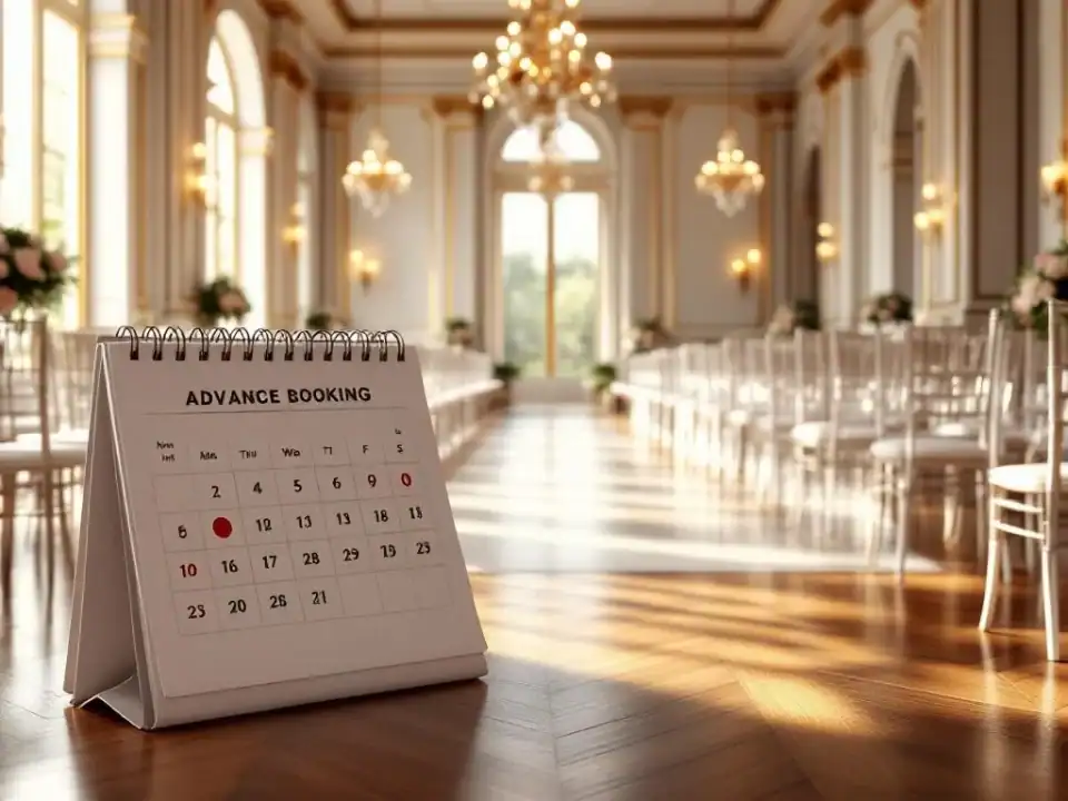 Elegante evenementenhal met witte stoelen voor ceremonie en open agenda met omcirkelde datums voor vooruitboeken