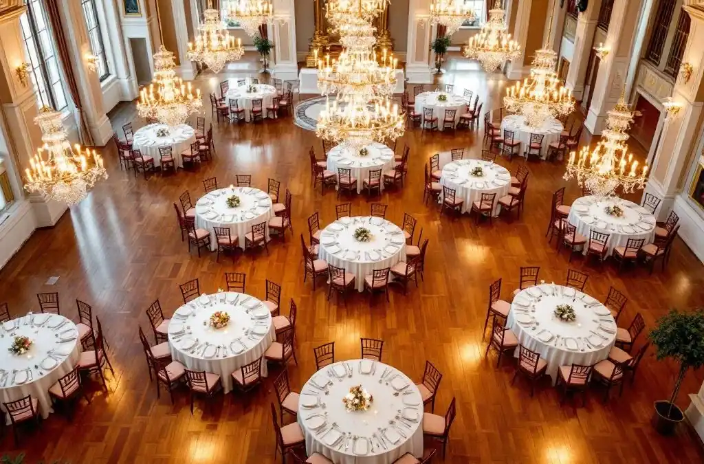Luchtfoto van elegante evenementenhal met ronde tafels, witte linnen en bordeauxrode stoelen onder kristallen kroonluchters