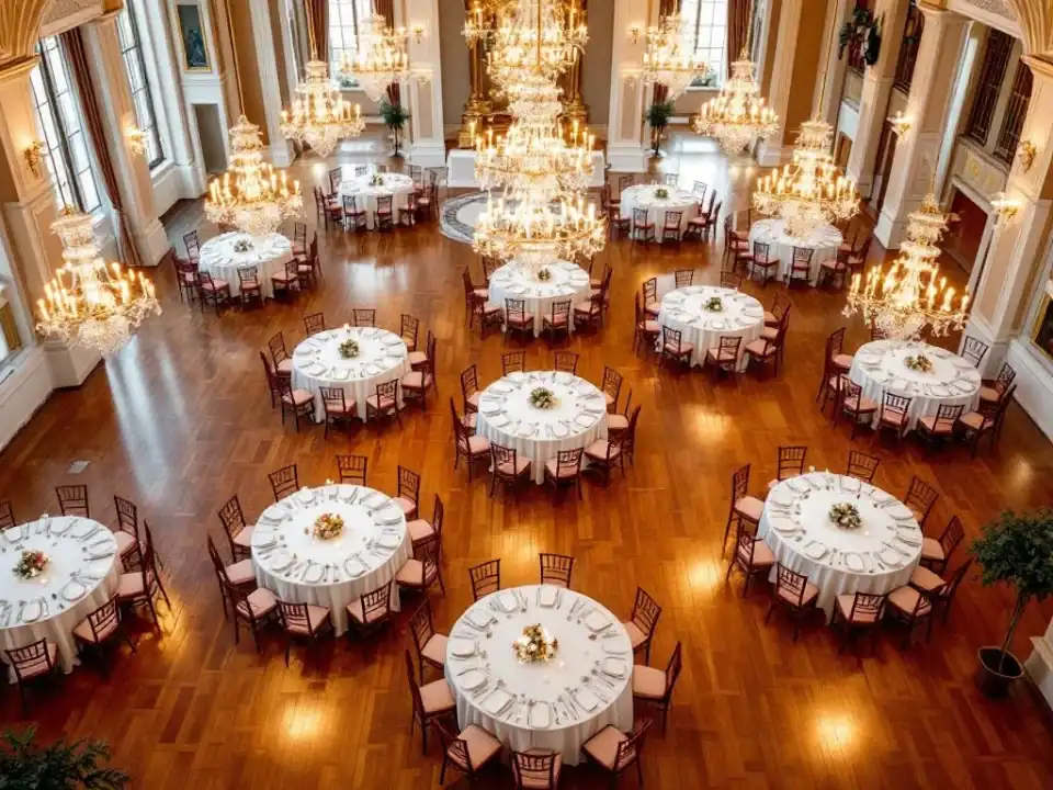 Luchtfoto van elegante evenementenhal met ronde tafels, witte linnen en bordeauxrode stoelen onder kristallen kroonluchters