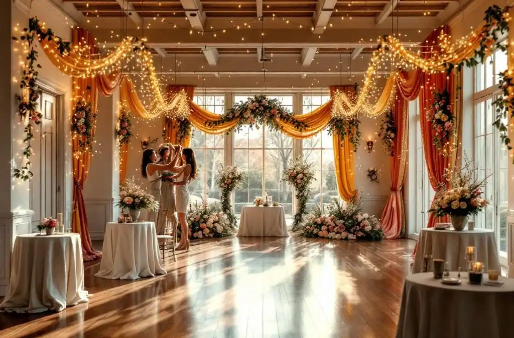 Elegante evenementenhal met warme verlichting, iemand hangt decoratieve slingers op tussen tafels met bloemen