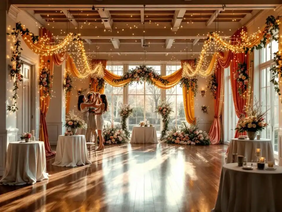 Elegante evenementenhal met warme verlichting, iemand hangt decoratieve slingers op tussen tafels met bloemen