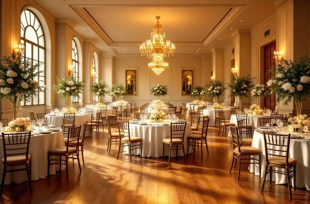 Elegante evenementenhal met ronde tafels, witte linnen, warme verlichting en hardhouten vloeren voor 50 gasten.