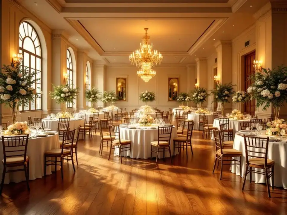 Elegante evenementenhal met ronde tafels, witte linnen, warme verlichting en hardhouten vloeren voor 50 gasten.