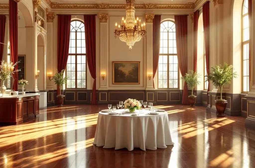 Elegante evenementenhal met lege eettafel, keukenhoek en gouden verlichting bij Villa Flora
