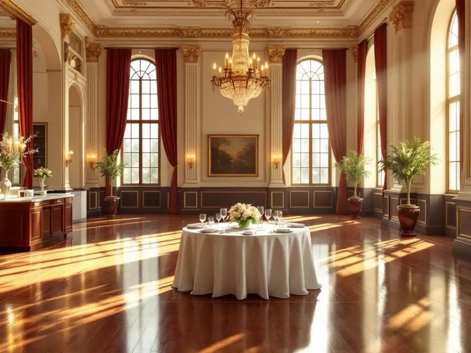 Elegante evenementenhal met lege eettafel, keukenhoek en gouden verlichting bij Villa Flora