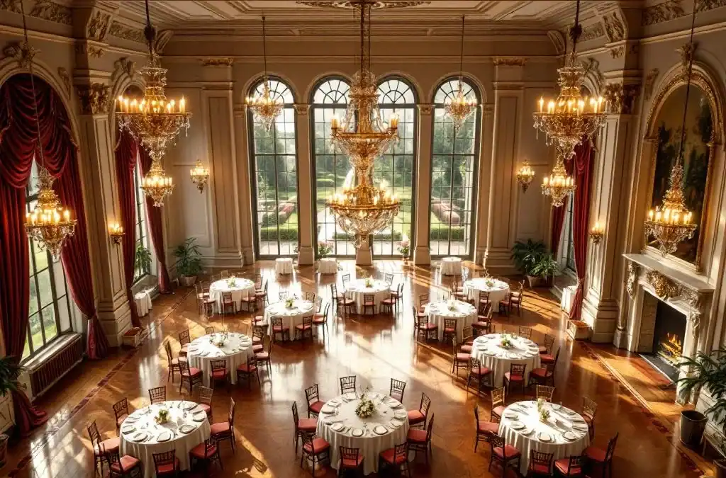 Luchtfoto van elegante historische balzaal met kroonluchters, ronde tafels en grote ramen naar tuinen