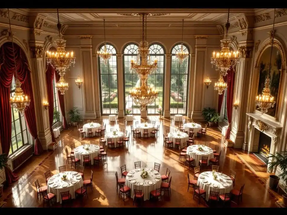 Luchtfoto van elegante historische balzaal met kroonluchters, ronde tafels en grote ramen naar tuinen