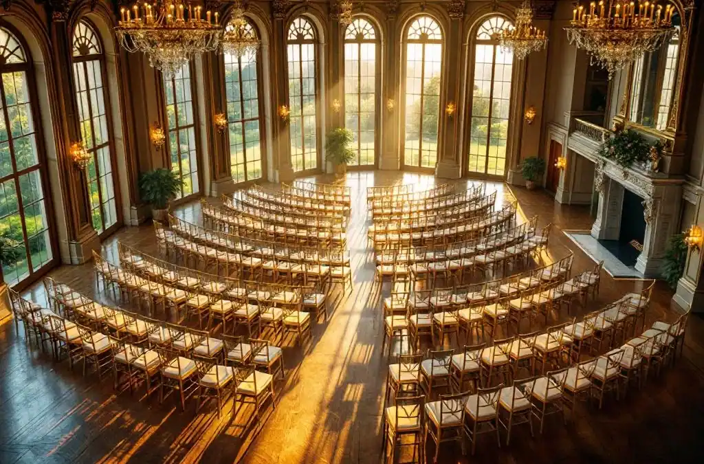 Luchtfoto van elegante historische villa ballroom met 100 stoelen, kristallen kroonluchters en gouden licht door ramen