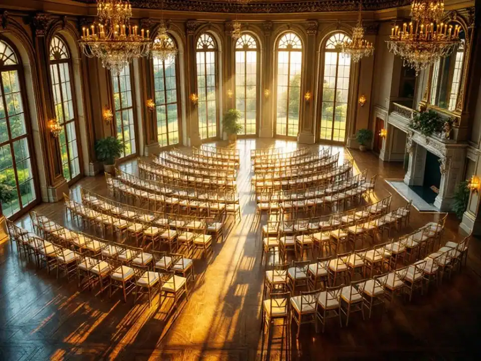 Luchtfoto van elegante historische villa ballroom met 100 stoelen, kristallen kroonluchters en gouden licht door ramen