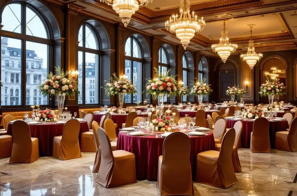 Luxe evenementenhal met elegante ronde tafels, kristallen kroonluchters en uitzicht op hotelkamers door grote ramen