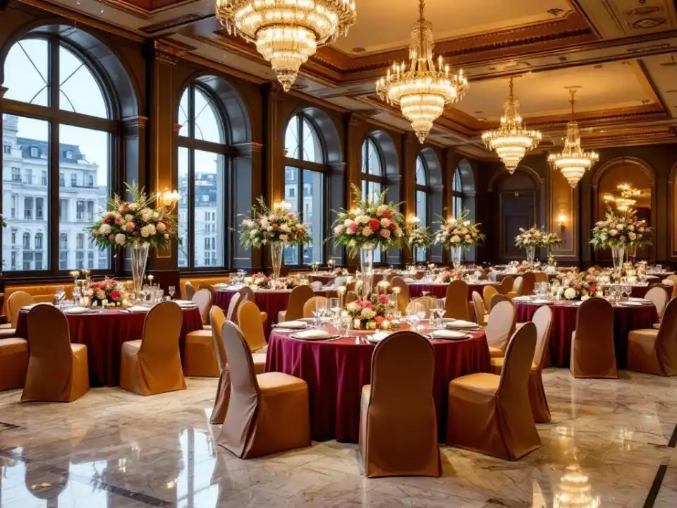 Luxe evenementenhal met elegante ronde tafels, kristallen kroonluchters en uitzicht op hotelkamers door grote ramen