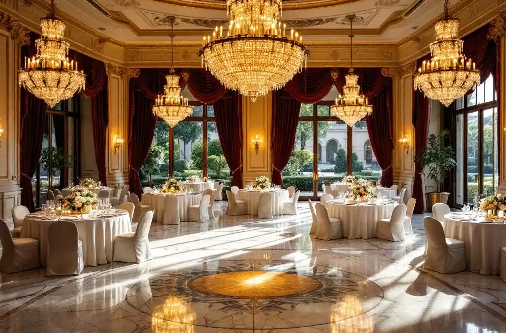 Luxe evenementenhal met kristallen kroonluchters, ronde tafels met witte linnen en marmeren vloeren voor bruiloften