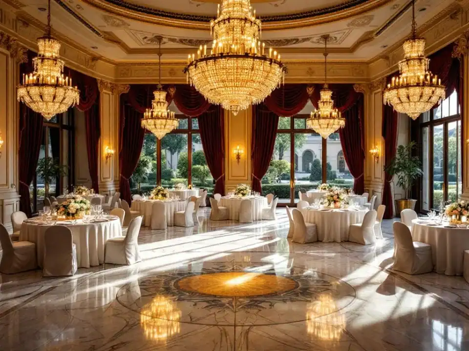 Luxe evenementenhal met kristallen kroonluchters, ronde tafels met witte linnen en marmeren vloeren voor bruiloften