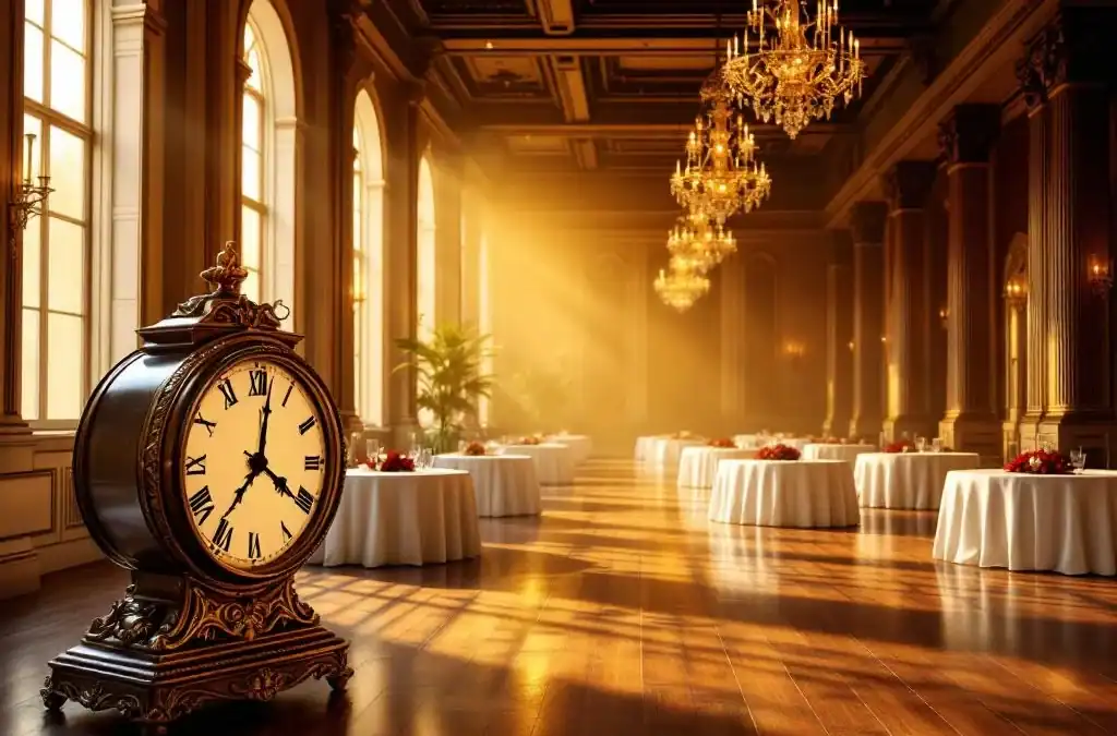 Elegante lege evenementenhal met gouden verlichting, ronde tafels met wit linnen en antieke klok die bijna middernacht toont