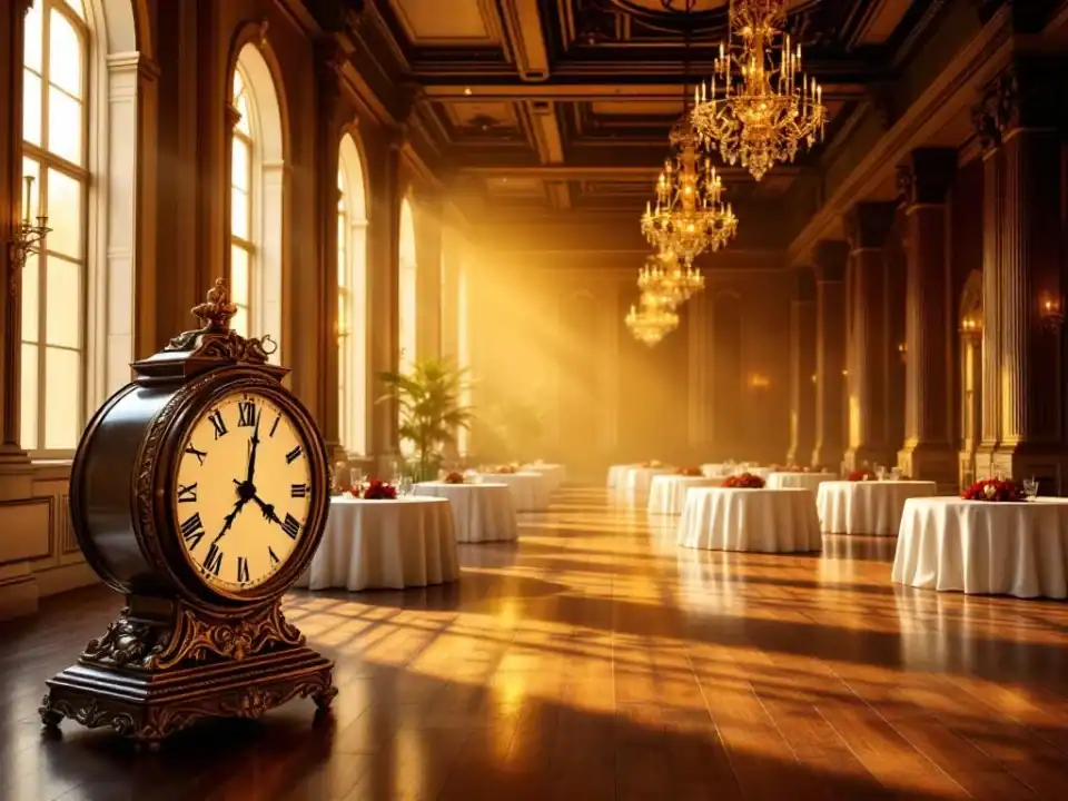 Elegante lege evenementenhal met gouden verlichting, ronde tafels met wit linnen en antieke klok die bijna middernacht toont